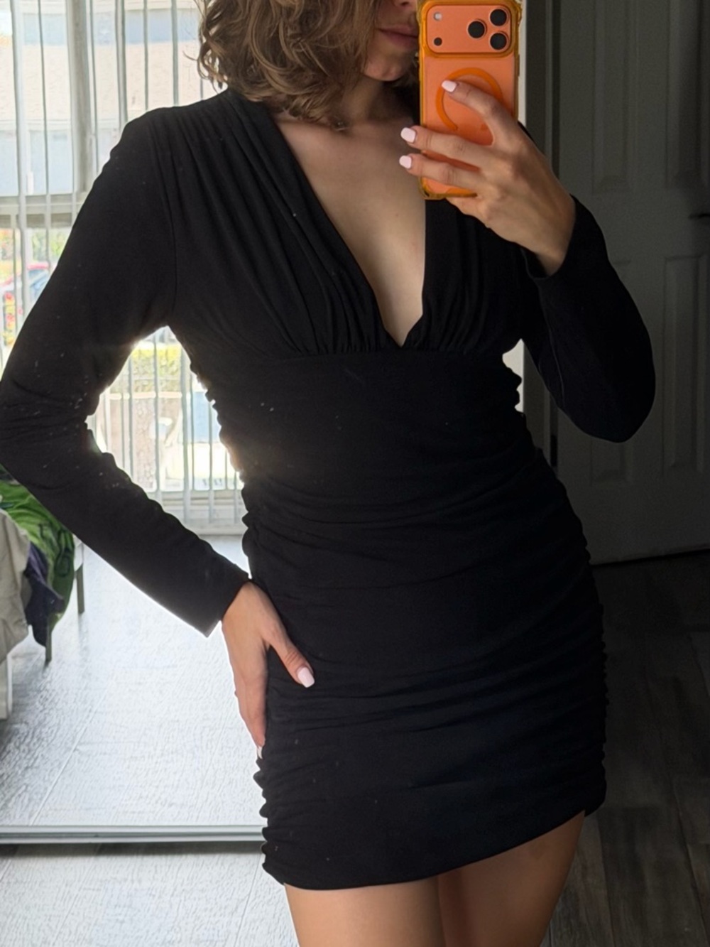 Zara Black Long-Sleeve V-Neck Ruched Mini Dress